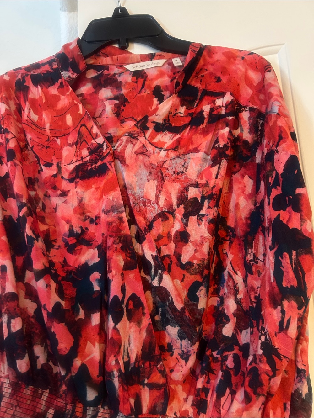 Soft Surroundings Red and Black Abstract Collared V-Neck Blouse